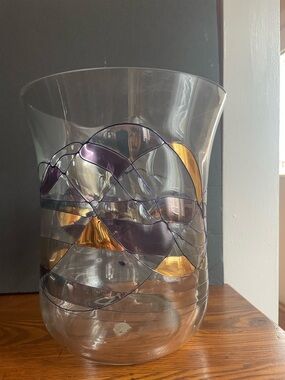 Decorative Clear Glass Vase with Purple and Gold Accents